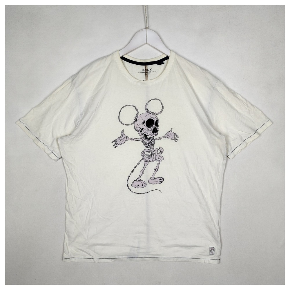 FCUK French Connection Mens Skeleton Mouse Graphic T-Shirt Cream Large 56CA7